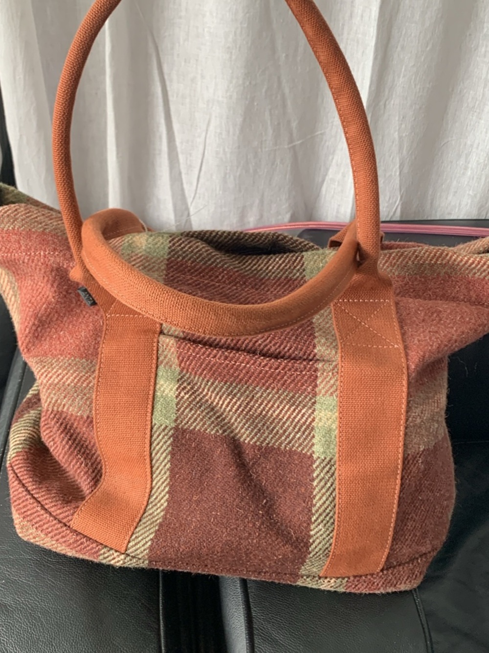 Rust Plaid Tote Bag with Round Handles